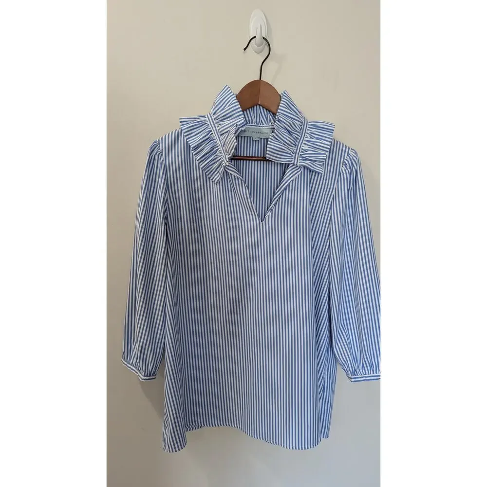 Tuckernuck Striped Ruffle High Neck 3/4 Sleeve Blouse - Picture 2 of 6